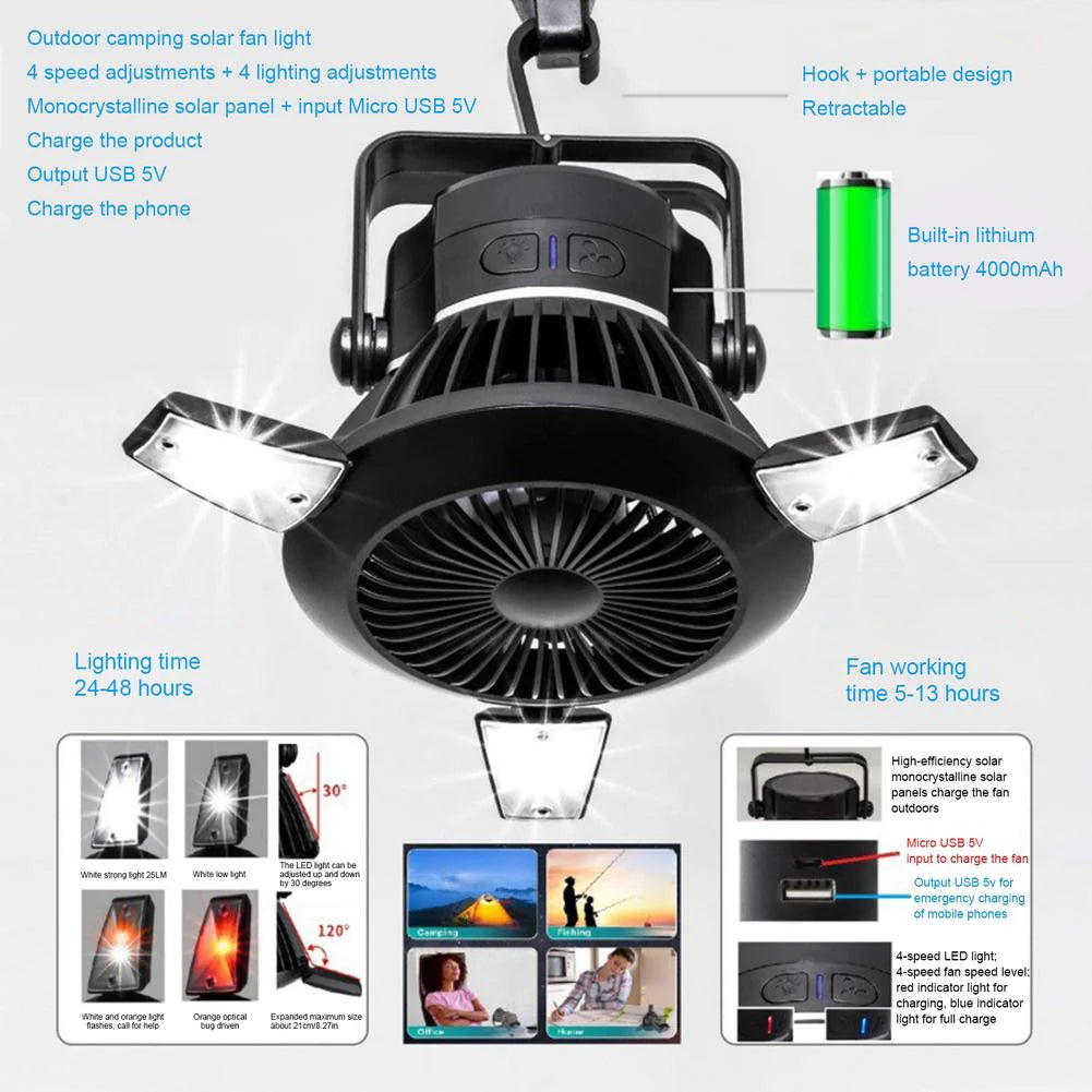 Foldable Fan & LED Solar Lantern with Hook