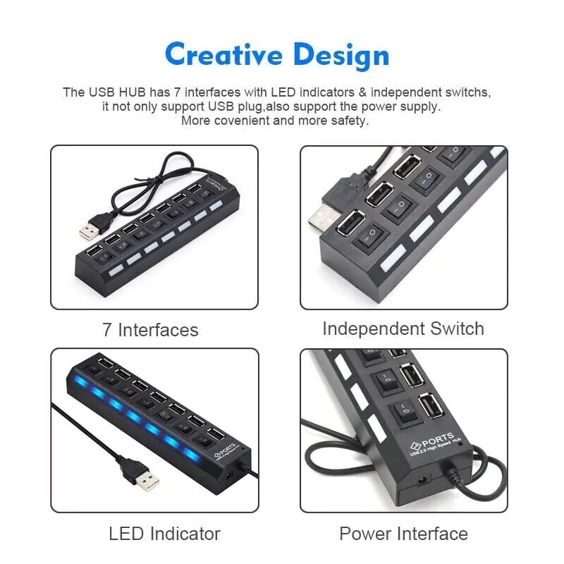 High-Speed 7-Port USB 2.0/3.0 Hub Splitter