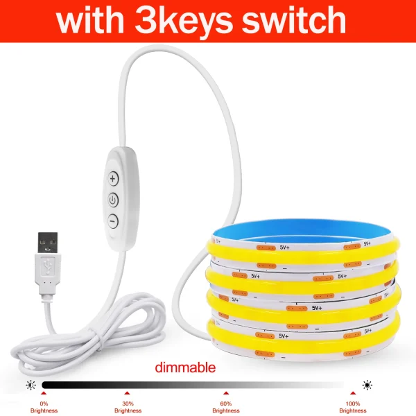 Dimmable COB LED Strip Light 5V USB Flexible LED Tape with ON OFF Switch 320LEDs High Density Linear Lighting with Adhesive Tape