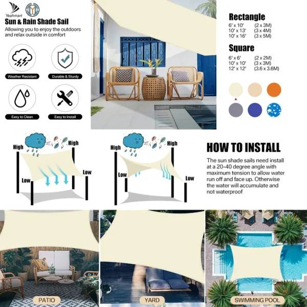 160GSM Waterproof Awning Sunshade Sun Shade Sail For Outdoor Garden Beach Camping Patio Pool Sun Canopy Tent Sun Shelter