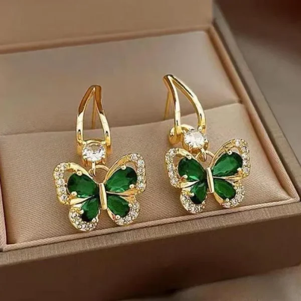 Vintage Green Crystal Butterfly Drop Earrings