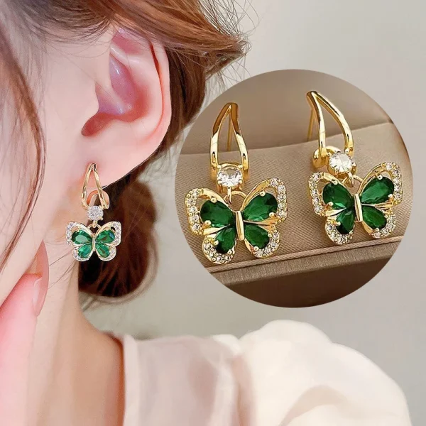 Vintage Green Crystal Butterfly Drop Earrings